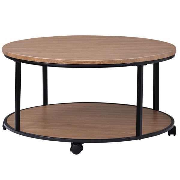 17 Stories Round Coffee Table With Caster Wheels And Wood Textured